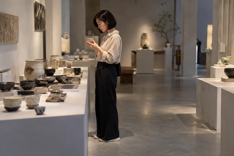 茶器展览与品饮结合的现场，陶瓷茶器陈列的场景示意