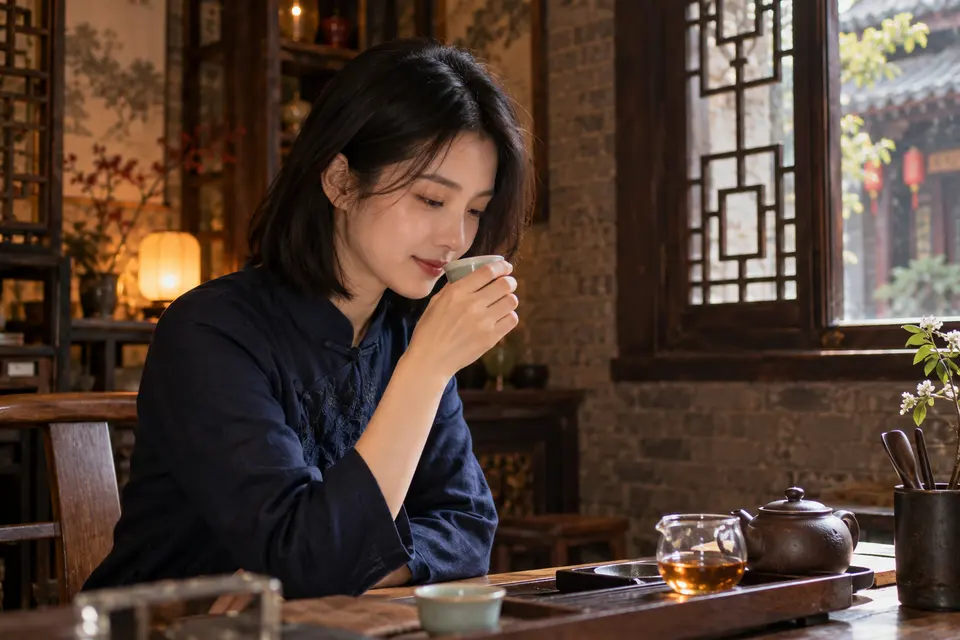深色木作室内闻香，陶杯与茶席的场景示意