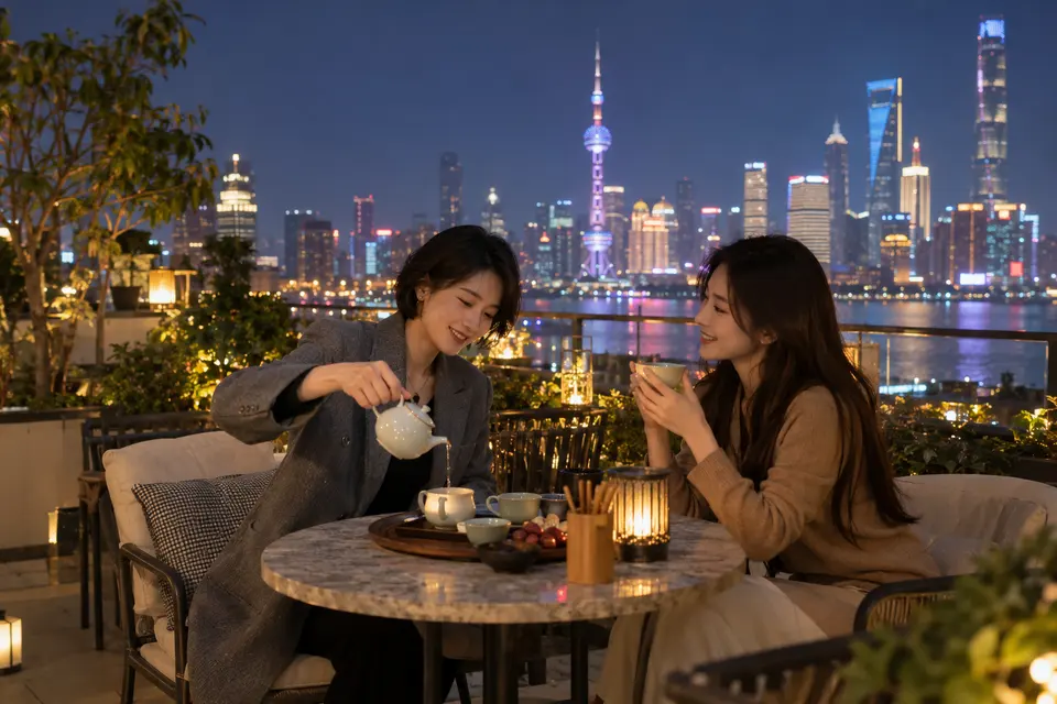 屋顶露台夜茶交流，朋友围坐倒茶的场景示意