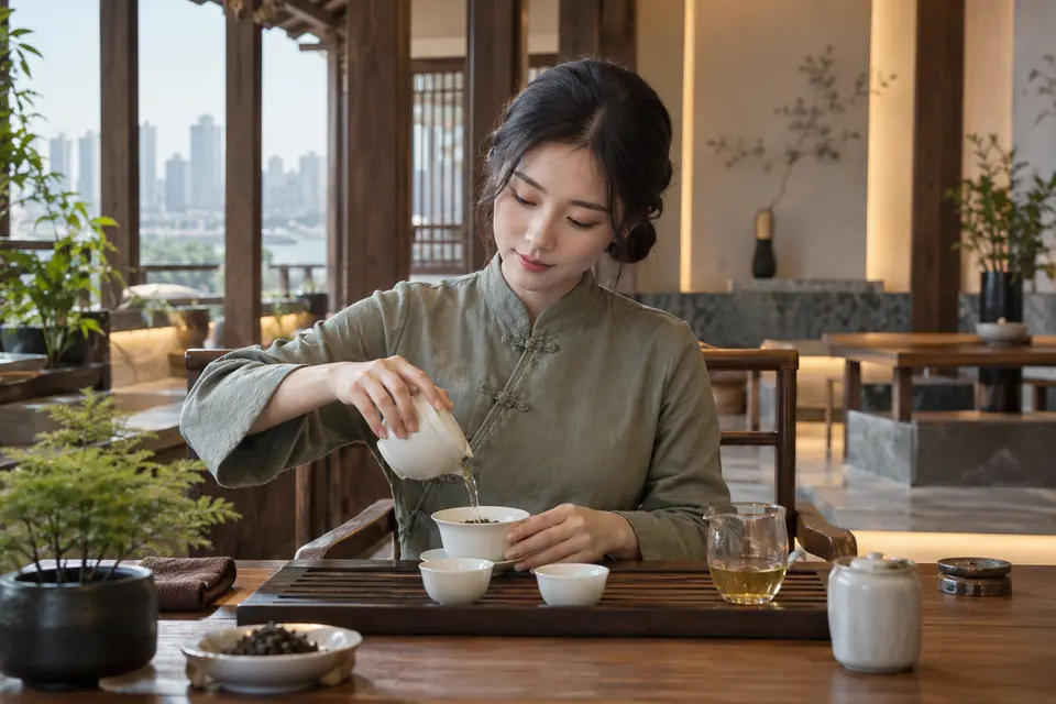 新中式空间中盖碗冲泡的场景示意