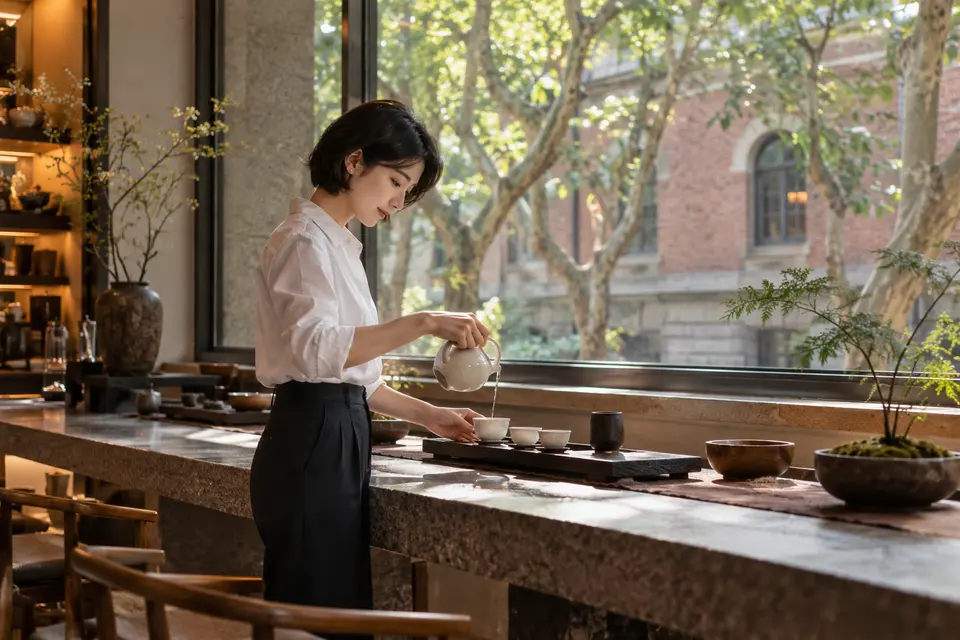 都市梧桐街区茶室内，年轻女性在白瓷茶具前倒茶的场景示意