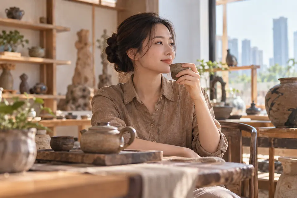 陶艺茶器工作室内，手作茶杯与茶具陈列的场景示意