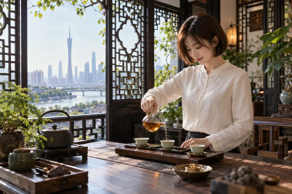 岭南花窗冲泡空间内，使用公道杯分茶的场景示意