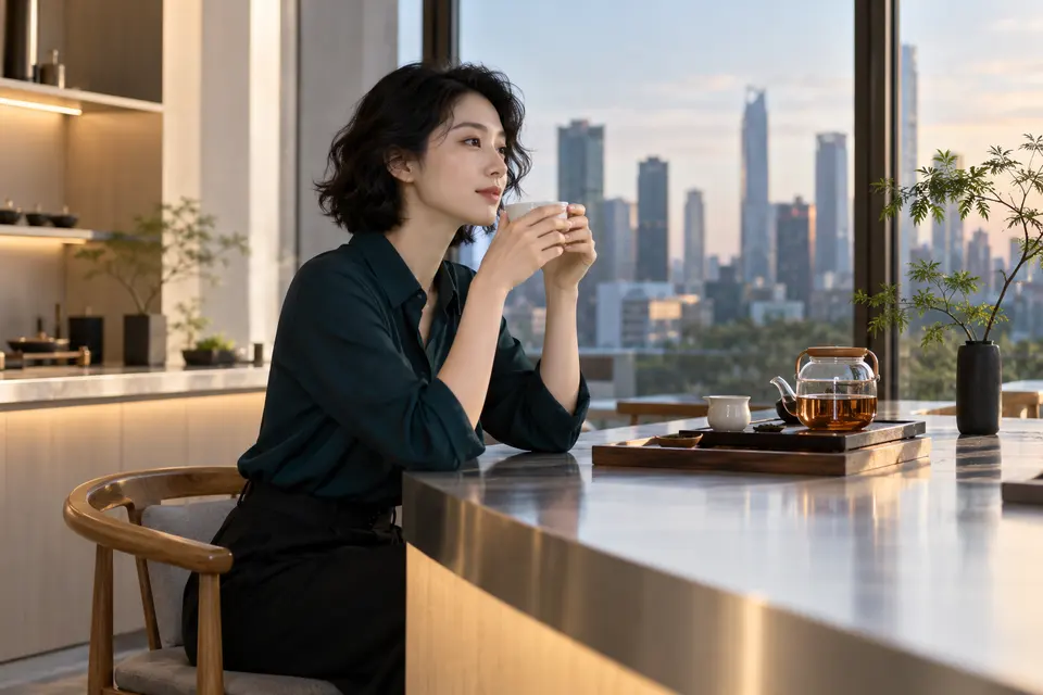 现代设计茶吧内，白瓷茶具与茶席布置的场景示意