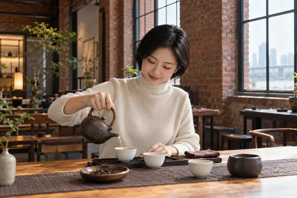红砖改造空间内的茶席，使用陶壶倒茶的场景示意