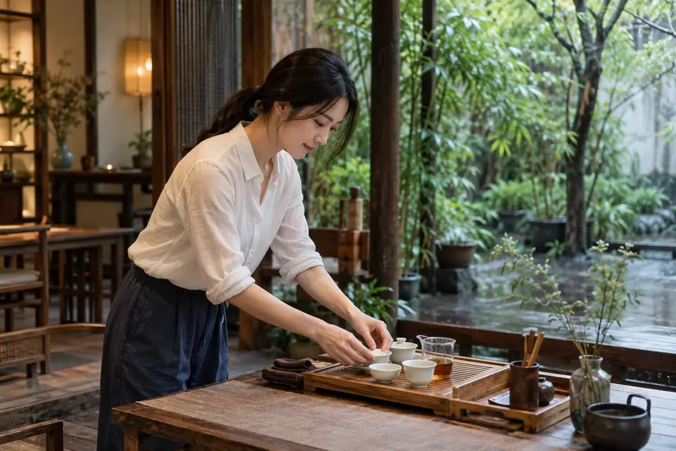 庭院茶席布置，竹制茶具与盖碗的场景示意
